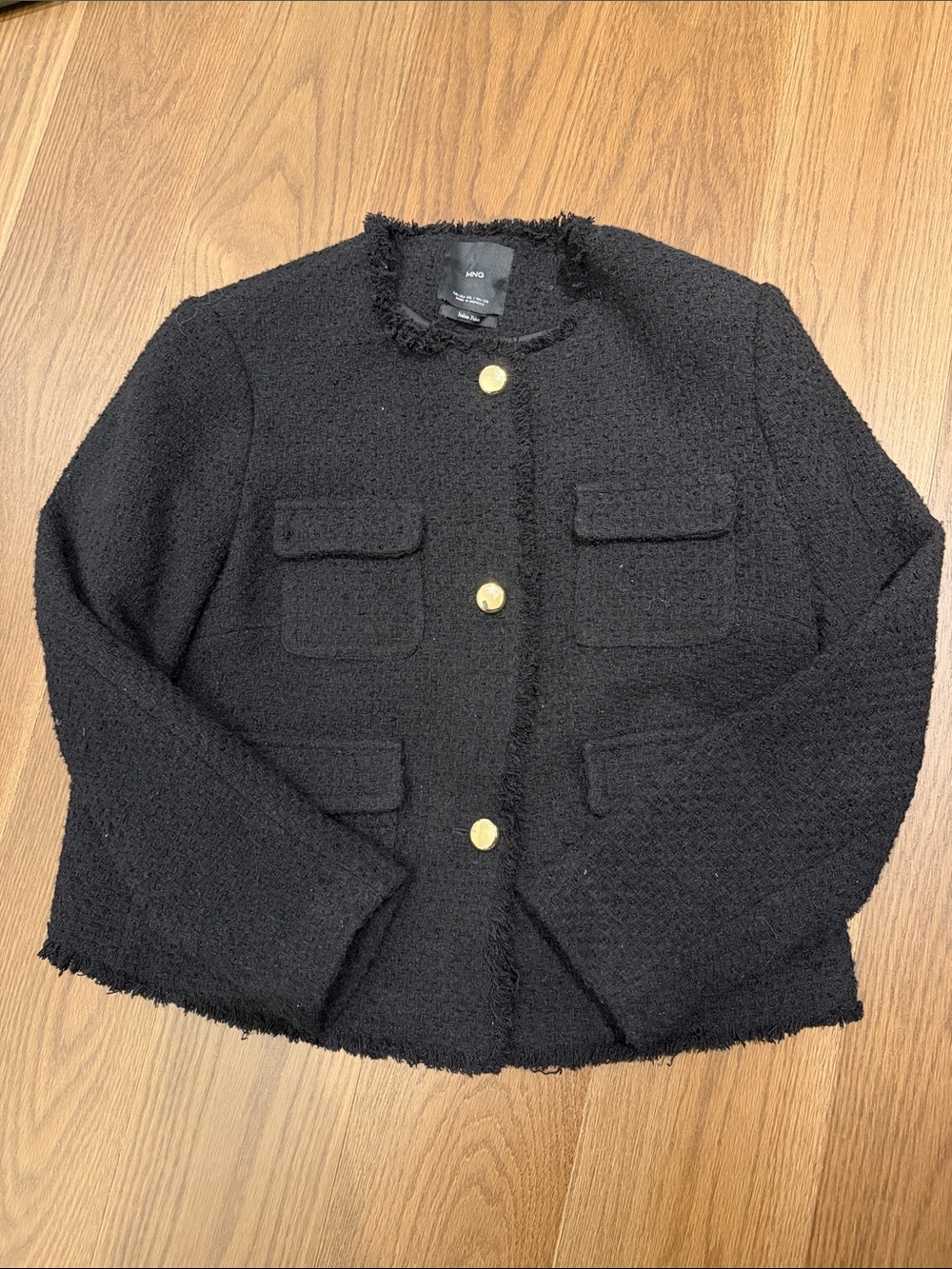 Mango Black Tweed Jacket with Gold Buttons and Flap Pockets
